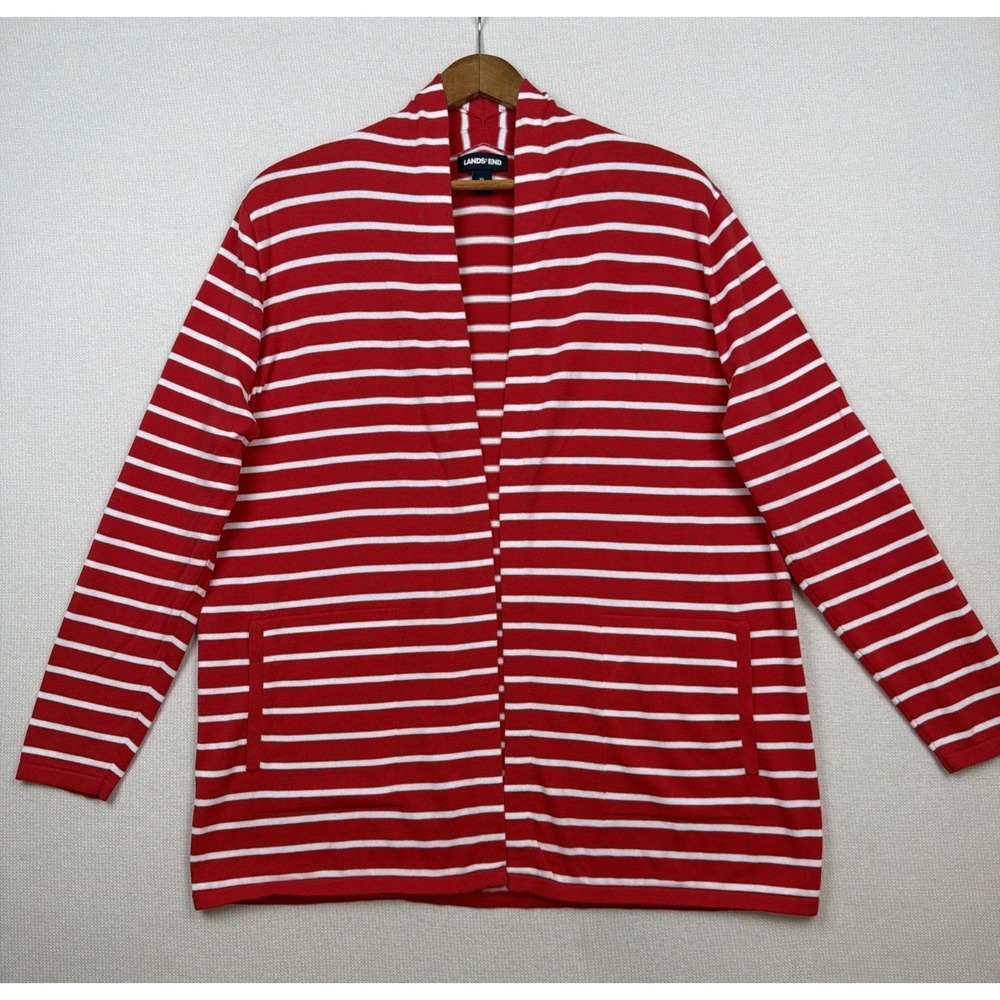 Lands End Womens Red White Striped Knit Open Cardigan Pockets XL Nautical Preppy